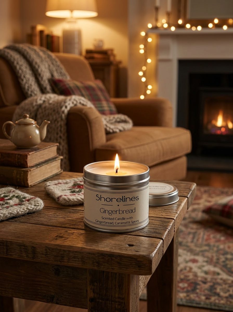 A Shorelines candle burning on a wooden table in a cosy living room