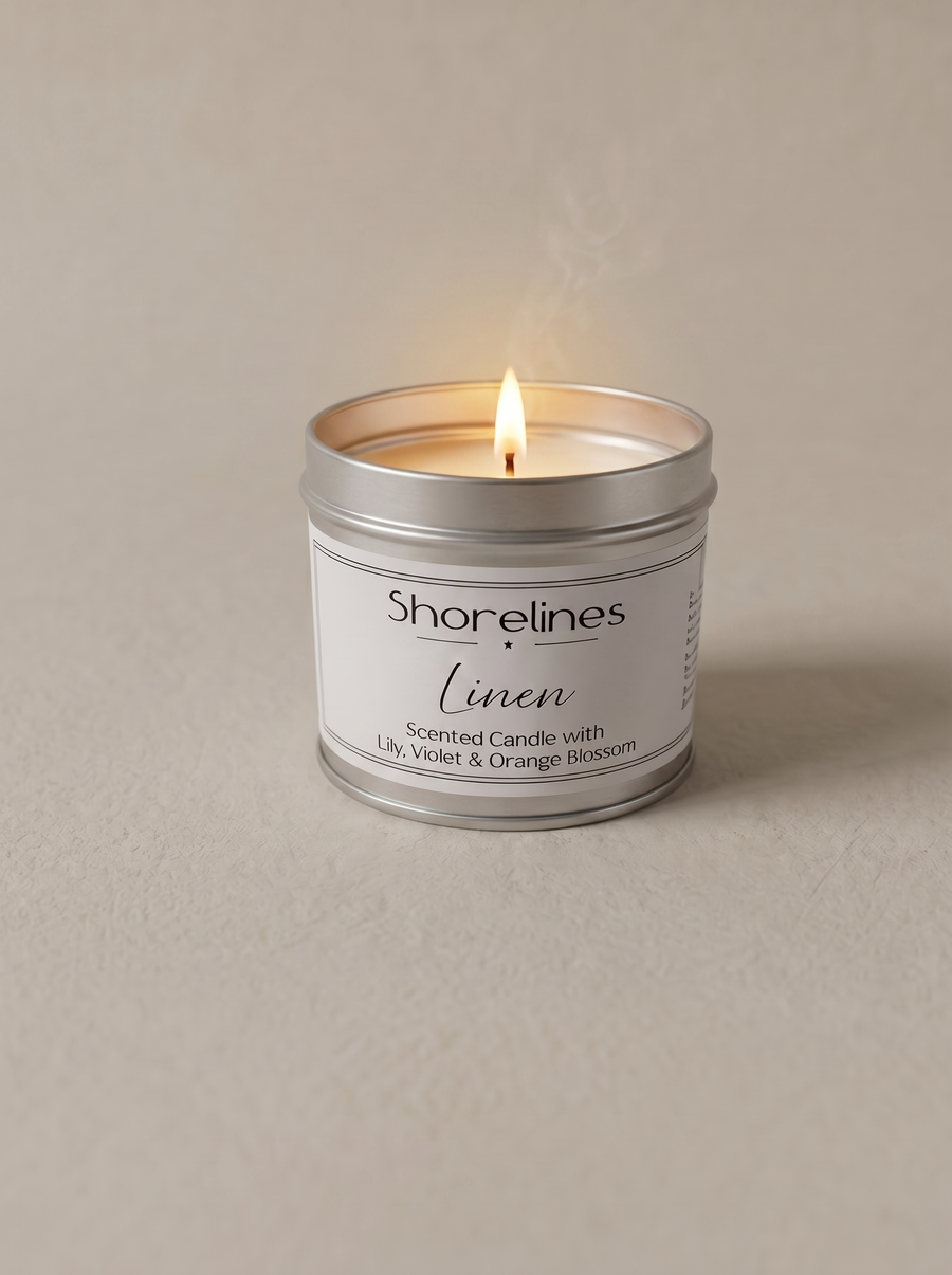Linen Scented Candle — lit, soft glow lifestyle